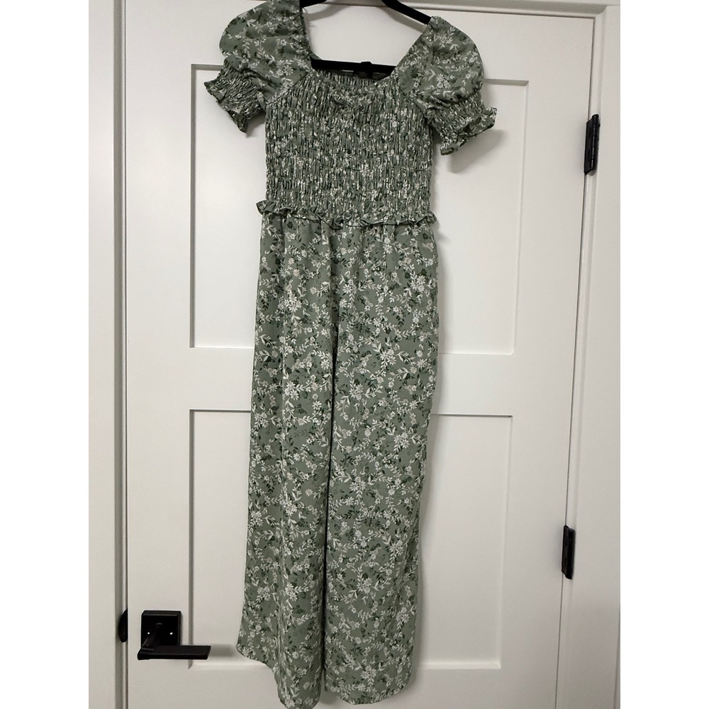 Trixxi Girl Sage Green Floral Smocked Wide Leg Jumpsuit Large Cottagecore